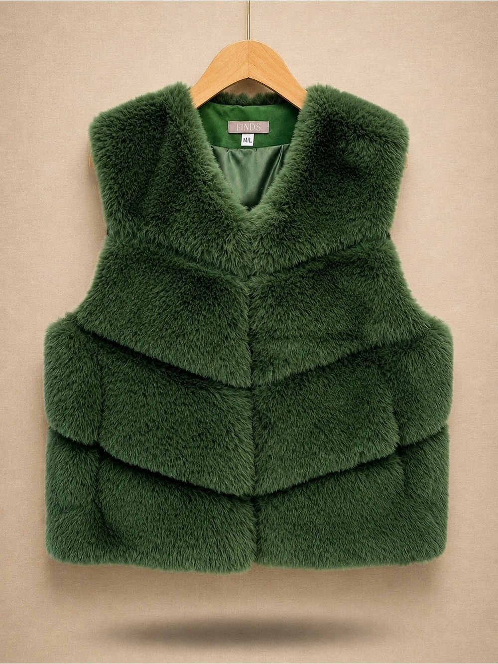 FINDS Green Faux Fur Vest Plush Luxe Layering Cozy Chic M/L Fall Winter